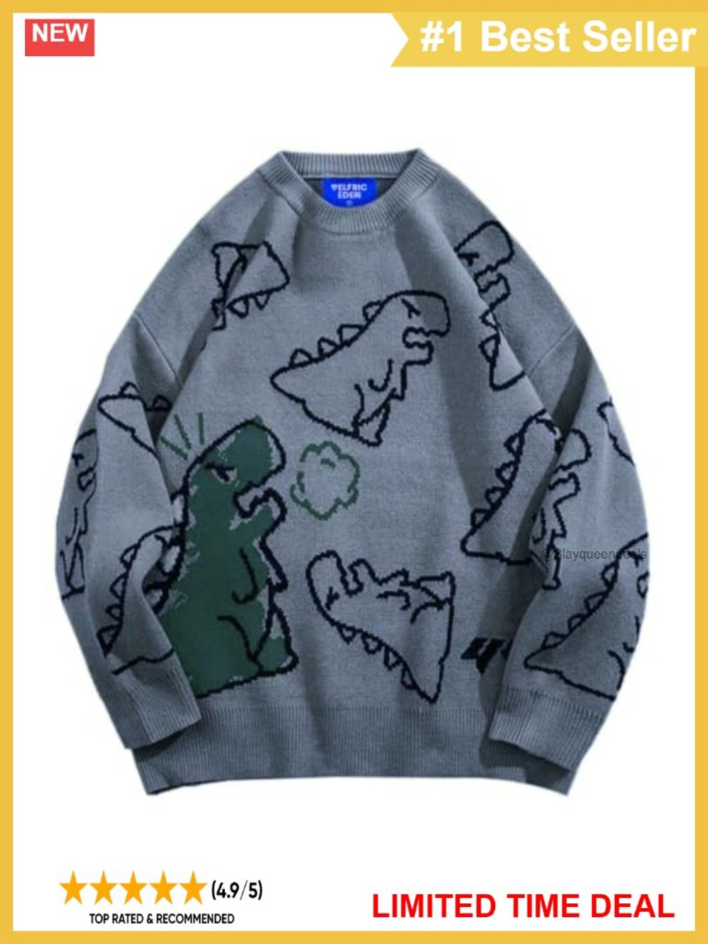 Oversized Knit Sweater Graphic Dinosaur Pullover Crew Neck Loose Fit